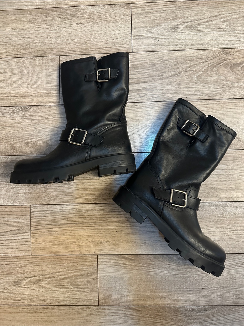 Steve Madden Black Leather Buckle Mid-Calf Boots - Women